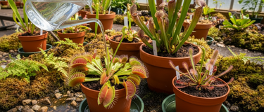 Close-up of a carnivorous plant pot with distilled, reverse osmosis, and rainwater bottles highlighting safe water options for carnivorous plants.