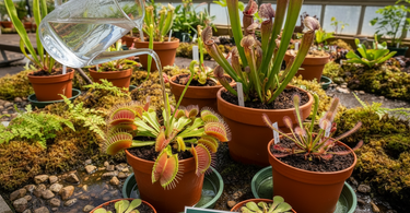 Close-up of a carnivorous plant pot with distilled, reverse osmosis, and rainwater bottles highlighting safe water options for carnivorous plants.