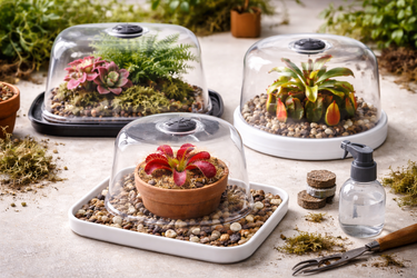 Humidity trays with pebbles elevating a plant to boost local moisture levels