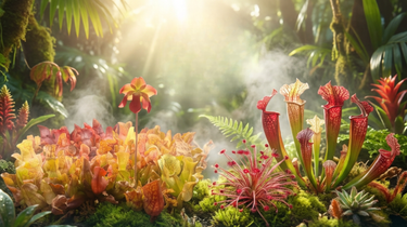 Close-up of carnivorous plants including Venus Flytraps, Sundews, and Pitcher Plants, known as bug eaters and beauties