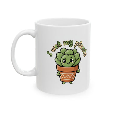 Glossy white ceramic mug with cute potted succulent and "I Wet My Plants" lettering on windowsill