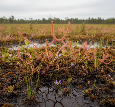 Drosera binata ‘Marston Dragon’ carnivorous sundew with forked dragon claw leaves and glistening red tentacles