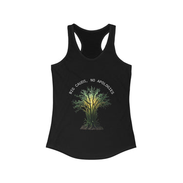 Woman wearing Big Cauds; No Apologies racerback tank top for gardeners and summer workouts