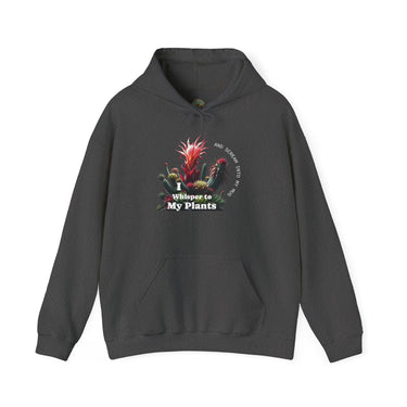 Cozy hooded sweatshirt with "I Whisper to My Plants and Scream Into My Mug" text and playful plant illustrations for plant lovers
