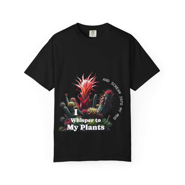 I Whisper to My Plants and Scream Into My Mug fun gardening gift t-shirt with plant and coffee cup design