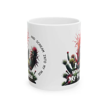 Glossy Cactus Whisperer ceramic mug with quirky succulent, cactus, and carnivorous plant design, available in 11oz and 15oz sizes