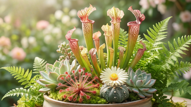 Potted carnivorous plant with succulents and ferns in a garden setting