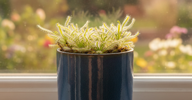 Close-up of a person repotting a carnivorous plant with nutrient-poor soil in a plastic pot
