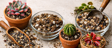 Various pots with drainage holes suitable for succulents and cacti including terracotta, plastic, and glazed ceramic options