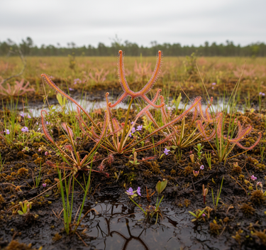 Drosera binata ‘Marston Dragon’ carnivorous sundew with forked dragon claw leaves and glistening red tentacles