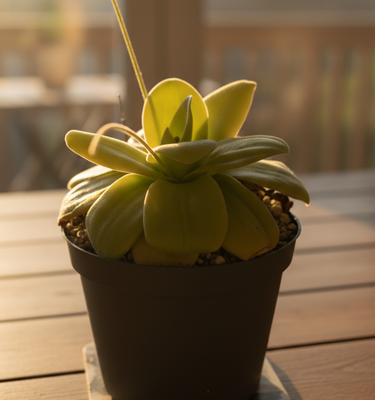 Pinguicula Gigantea giant butterwort with large glossy sticky leaves and purple flowers