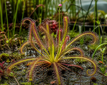 Drosera capensis ‘Octopus’ long-tentacled carnivorous sundew with glistening sticky leaves catching insects