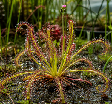 Drosera capensis ‘Octopus’ long-tentacled carnivorous sundew with glistening sticky leaves catching insects