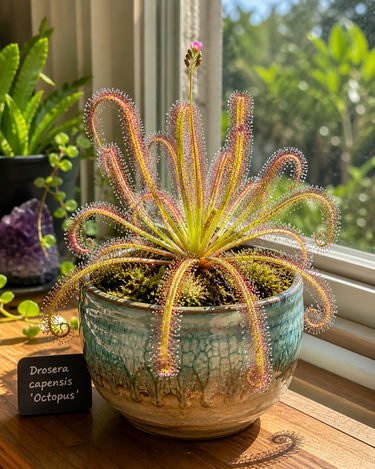Drosera capensis ‘Octopus’ with long tentacles and dew-covered sticky leaves catching insects