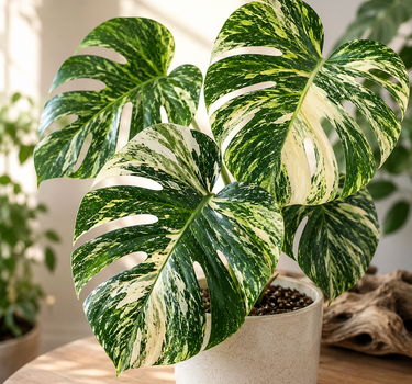 A variegated Monstera plant with green and cream leaves in a speckled beige ceramic pot, placed on a wooden table in a softly lit indoor setting.