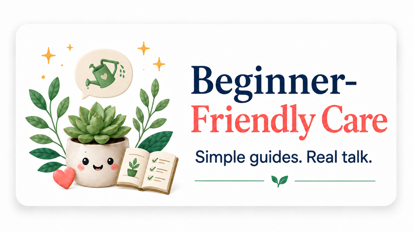 Logo for 'Beginner-Friendly Care' with a plant and book illustration on a white background.