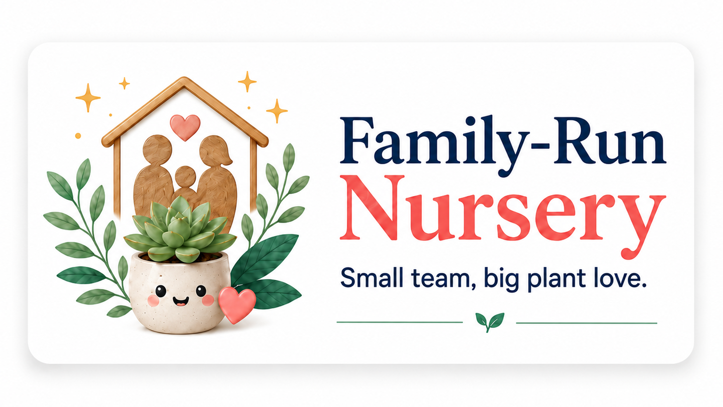 Logo for a family-run nursery with a plant and family illustration on a white background.