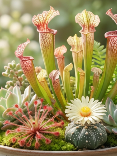 Potted carnivorous plant with succulents and ferns in a garden setting