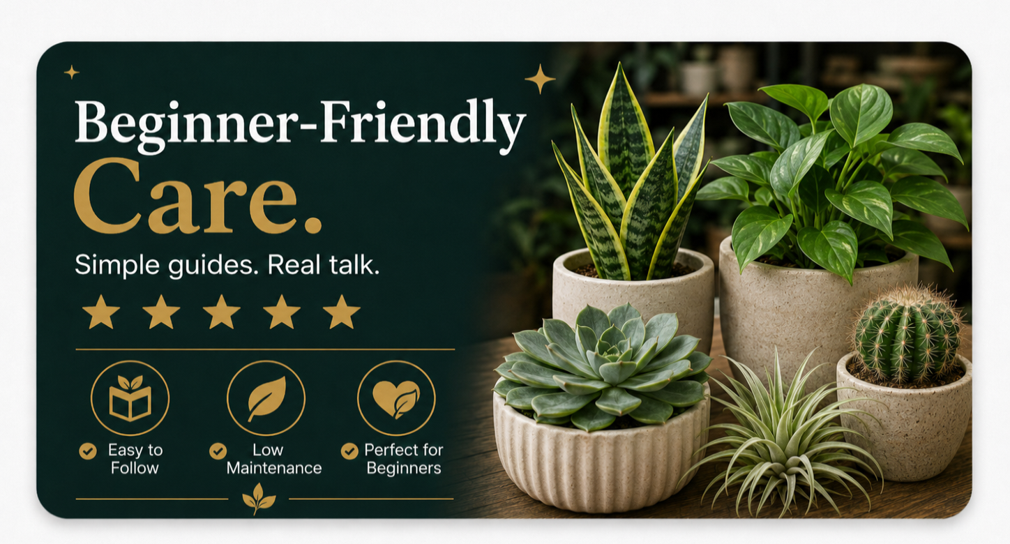 Card with plants and text about beginner-friendly care on a dark background