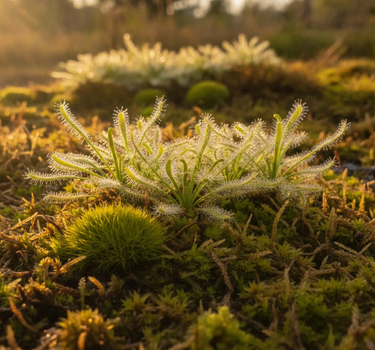 Drosera capensis Alba with lime-green leaves and white tentacles covered in dew droplets