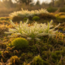 Drosera capensis Alba with lime-green leaves and white tentacles covered in dew droplets