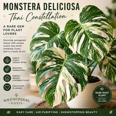 A monstera deliciosa plant with striking green and cream variegation, shown in a pot against a softly blurred indoor background. Text on the left reads 'MONSTERA DELICIOSA Thai Constellation' and includes selling points; a circular badge says 'Bare Root Plant Pot Not Included.
